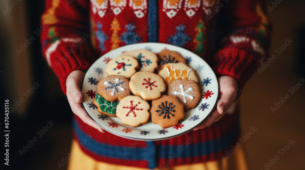 Close up of a person holding a plate of Christmas cookies