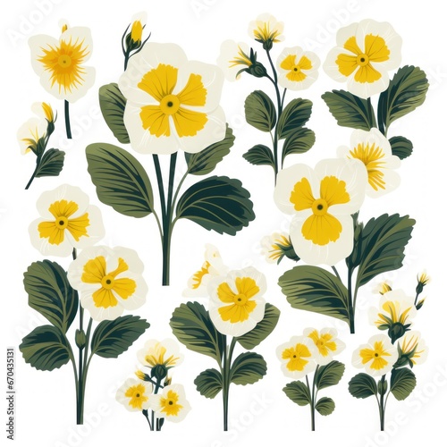 Set of pansy flowers with leaves and stems  vector illustration.