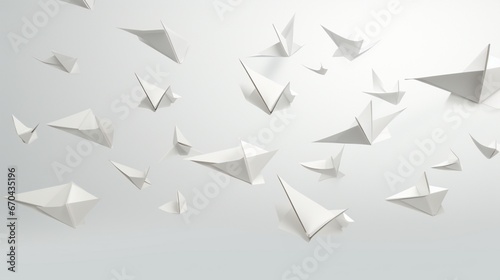 A fleet of paper airplanes, each differing slightly in design, soaring together and forming a graceful aerial dance on a clean white backdrop.