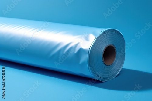 Blue roll of plastic on blue background, monochrome image photo