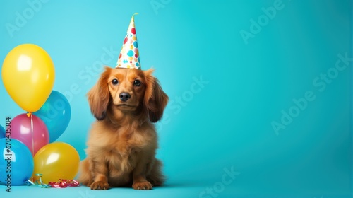 Cute dachshund dog with birthday hat and balloons on blue background © Alex