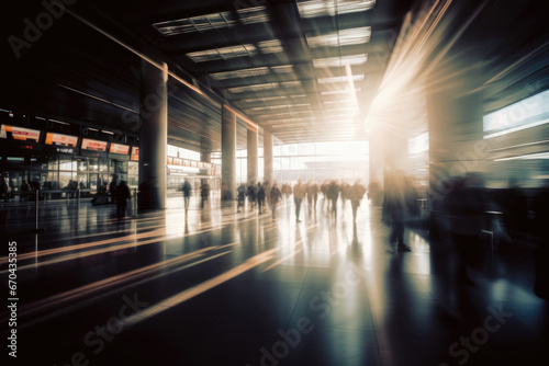 Travelers moving in morning light in airport or train terminal