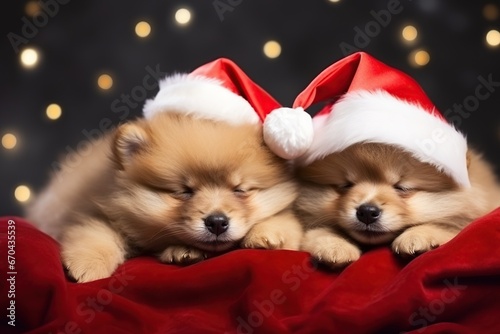 Amusing puppy in red Santa hat on Christmas