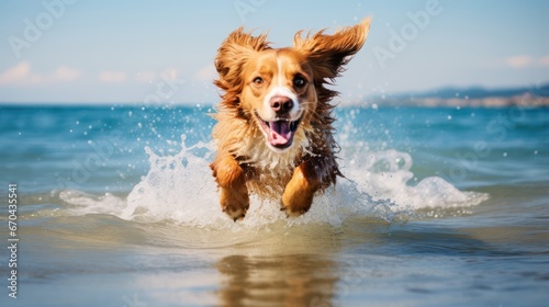 Cute Nova Scotia Duck Tolling Retriever running in the sea.