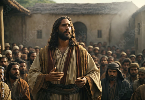 Jesus Christ preaching to a crowd of people. Religious biblical concept photo