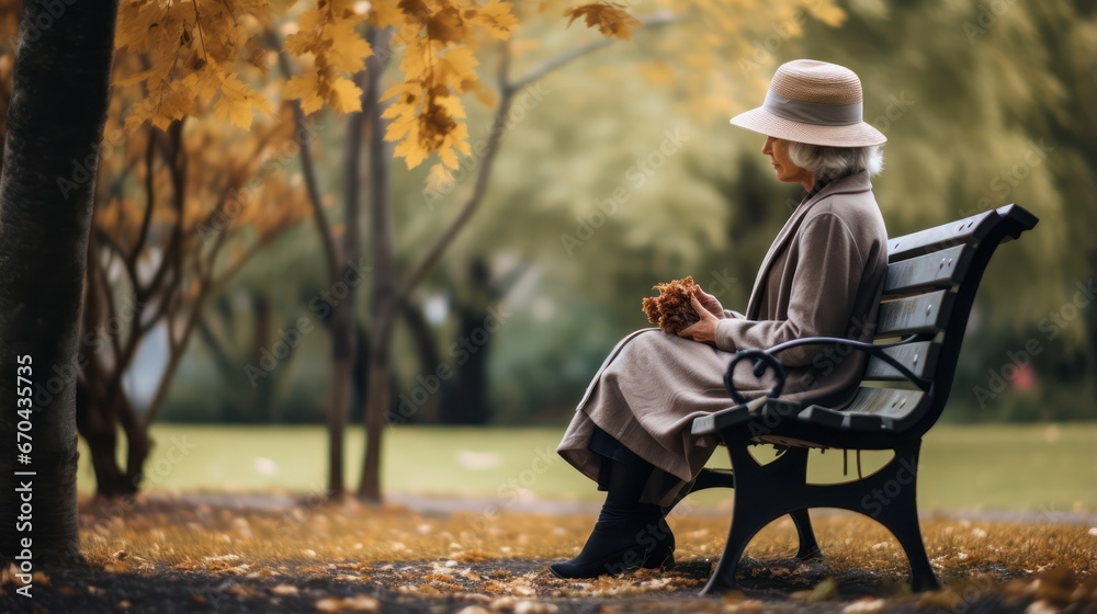 Elderly woman sitting on a bench in the autumn park. - obrazy, fototapety, plakaty 