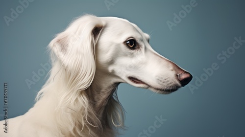 Portrait of a white borzoi dog on blue background
