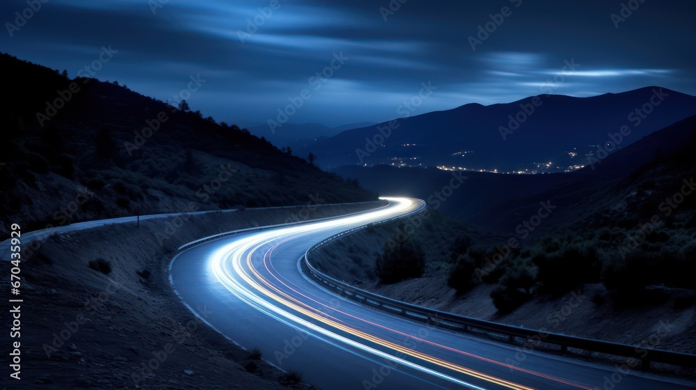 Car light trails on mountain road at night. Long exposure photo.