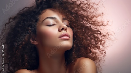 Beautiful young woman with long curly hair. Portrait of a girl with makeup