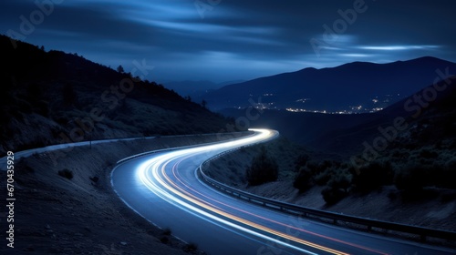 Car light trails on mountain road at night. Long exposure photo. © Alex