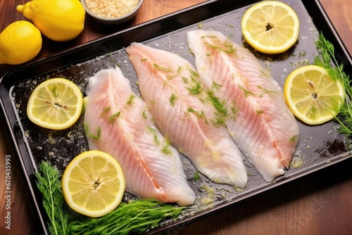 top view of fish fillets with lemon zest on a tray