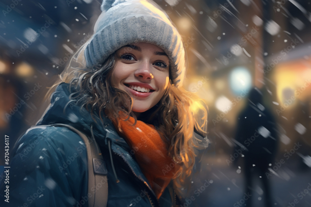 smiling young woman taking a selfie on a snowy winter day smiling young woman taking a selfie on a snowy winter day