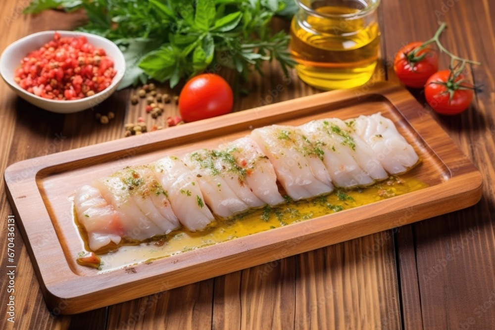 fish fillet with marinade on a wooden serving tray fish fillet with marinade on a wooden serving tray