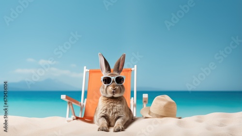 Cute rabbit in sunglasses sittingchair on the beach. photo