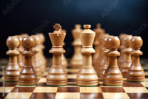 wooden chess pieces evenly distributed on a chessboard
