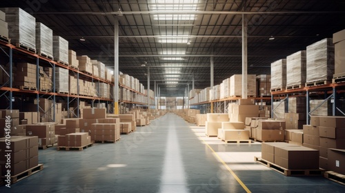 Large warehouse with rows of cardboard boxes. 3d rendering toned image