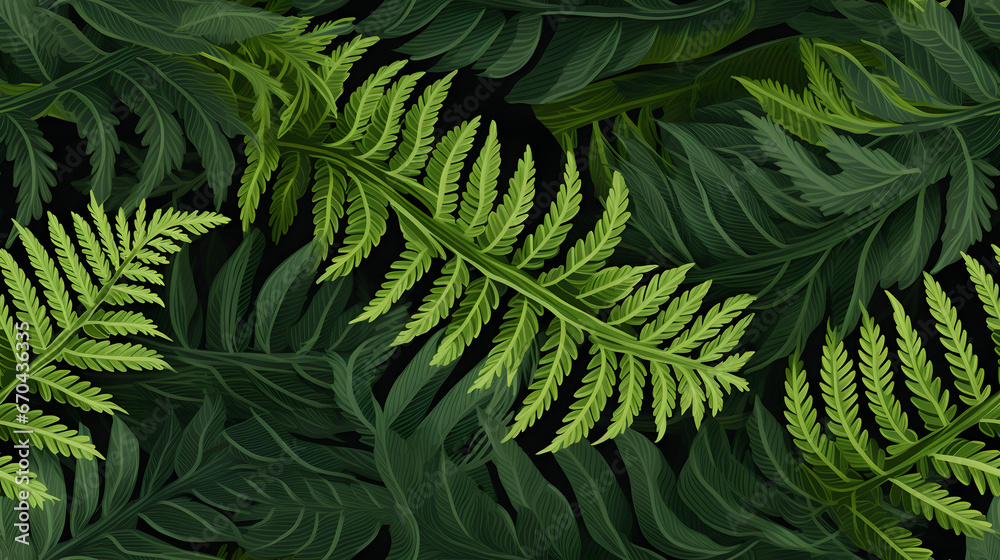 Overlapping fern fronds in seamless rhythmic pattern