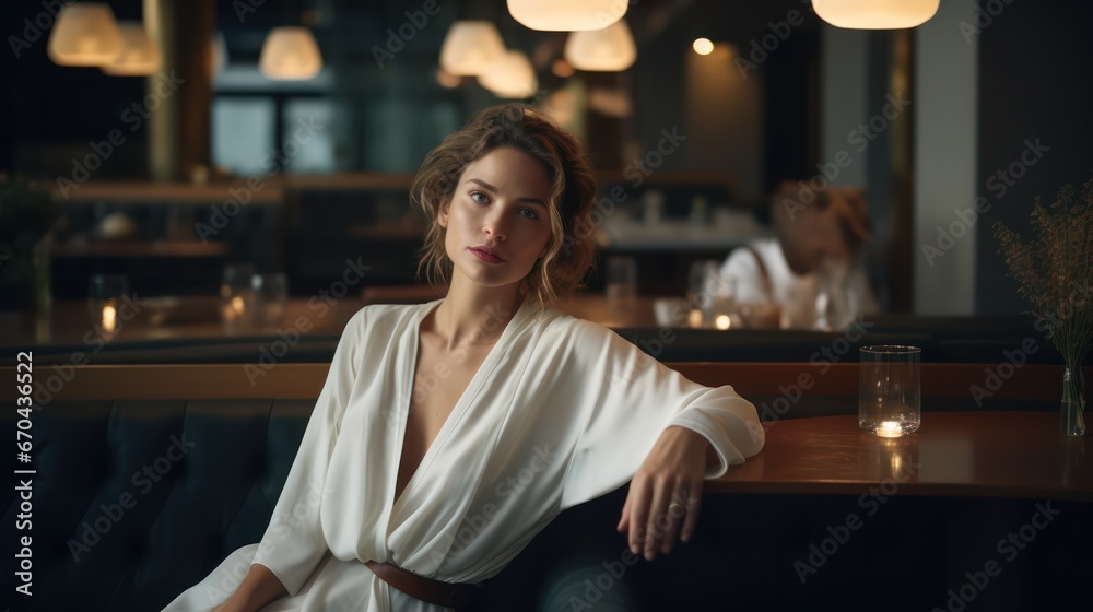 Beautiful young woman in a white bathrobe sitting in a restaurant