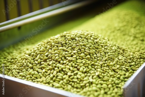 close-up of green coffee beans in a hopper photo