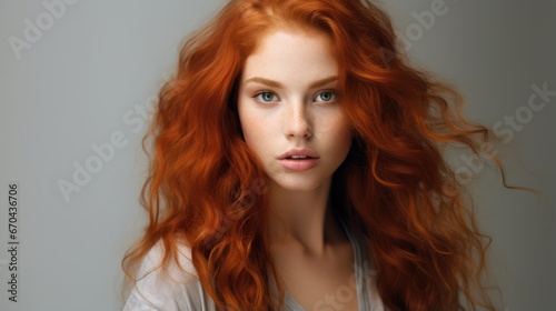 Beautiful redhead girl with long curly hair. Studio portrait.