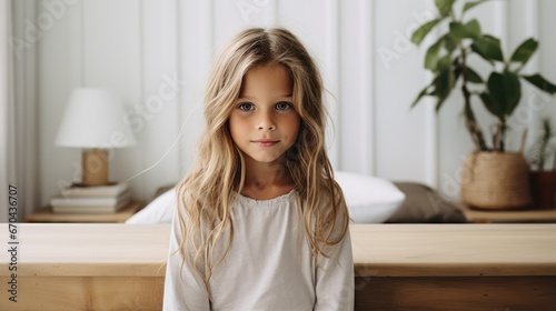 Portrait of a cute little girl with long blond hair in the bedroom © Alex