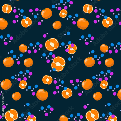 Fototapeta Naklejka Na Ścianę i Meble -  Seamless pattern with fruit oranges, circles on blue background