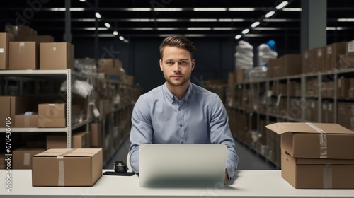 business, people and shipment concept - serious man with laptop computer in warehouse