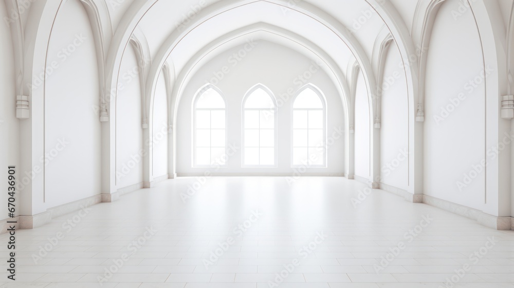 White empty room with arches and windows. 3D rendering.