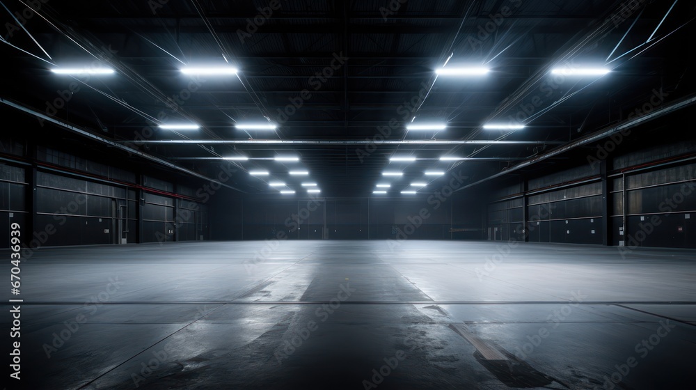 3d rendering of empty warehouse with lights in the dark room.