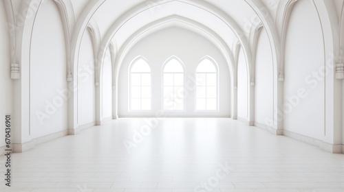 White empty room with arches and windows. 3D rendering.