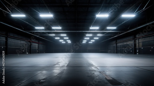 3d rendering of empty warehouse with lights in the dark room. © Alex