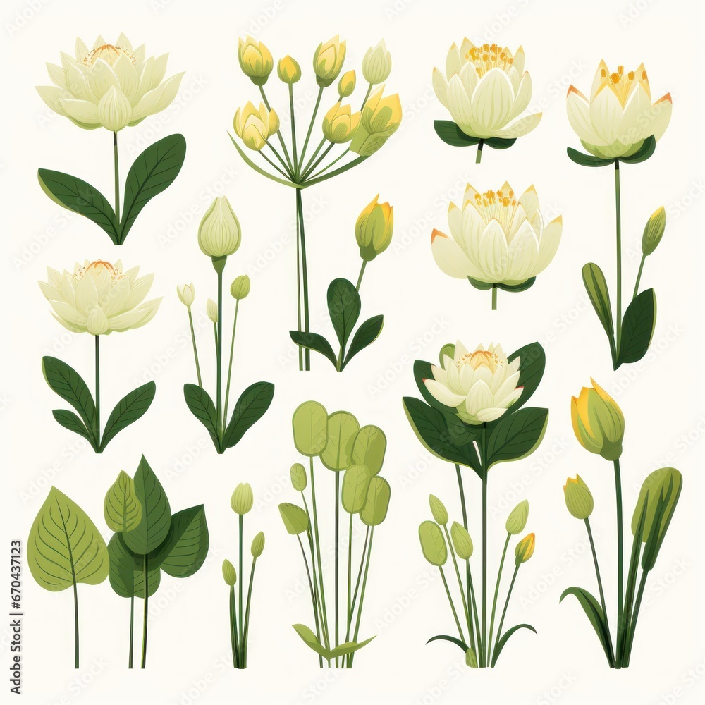 Set of white lotus flowers with green leaves and buds. illustration.