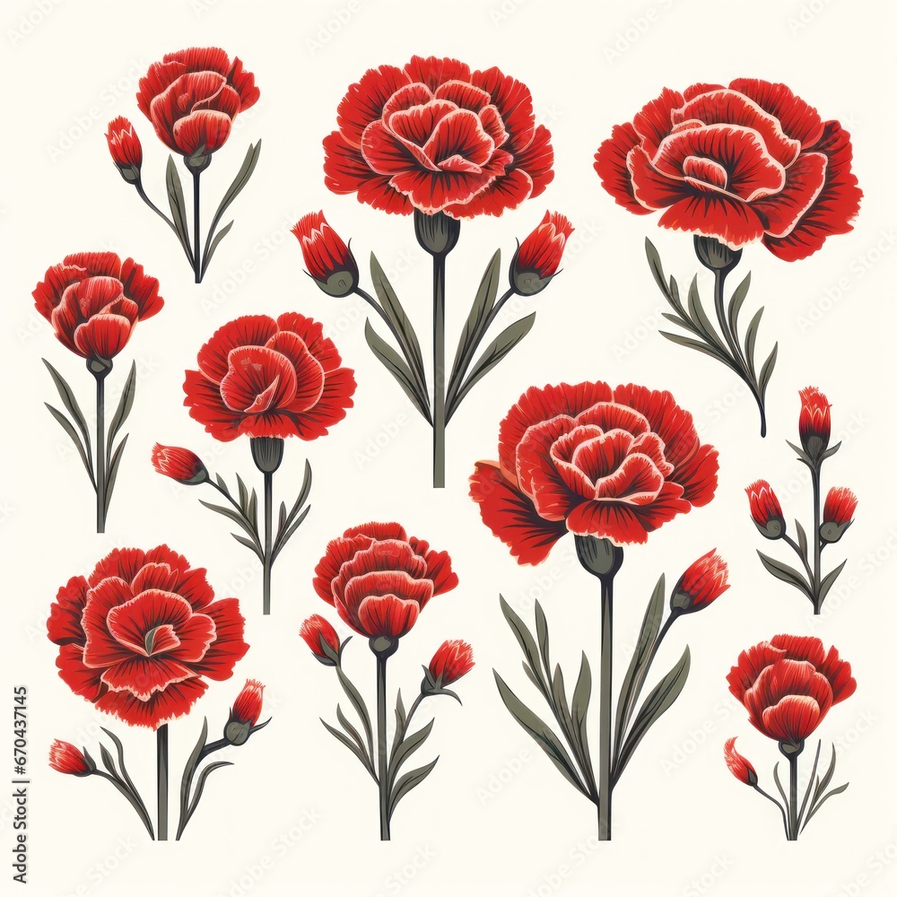 Carnation flowers set. Hand drawn vector illustration in vintage style.