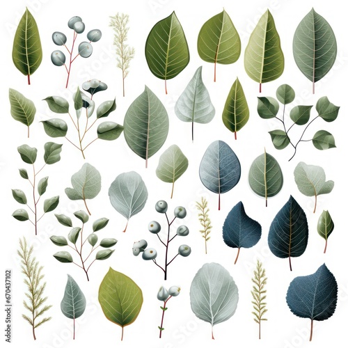 Set of eucalyptus leaves and branches. illustration.
