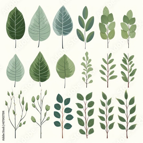 Set of green leaves and branches. illustration in flat style.