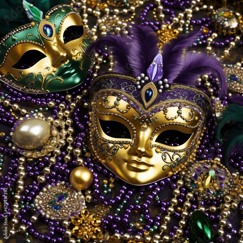 illustration of Purple Gold and Green Mardi Gras beads and masks, Generative ai