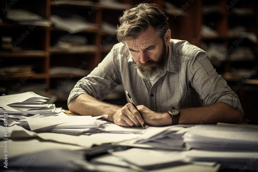A focused teacher is seen grading a stack of student papers on their desk, showcasing the evaluation part of education A focused teacher is seen grading a stack of student papers on their desk, showcasing the evaluation part of education