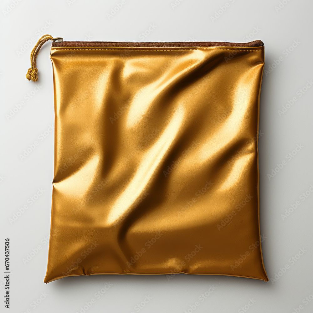 Obraz premium Empty gold metallic pouch mockup, packet, white background 