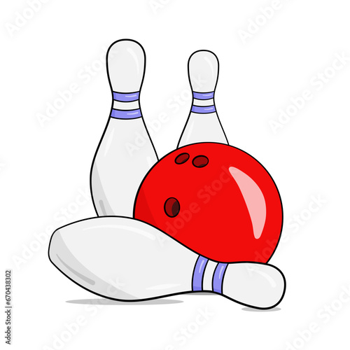 Red bowling ball and three bowling pins