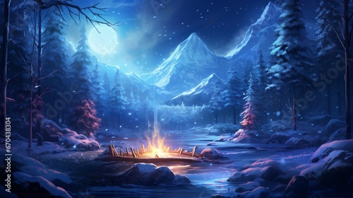 A forest covered in fresh snow with a heart-shaped clearing where the snowflakes shimmer under the moonlight.
