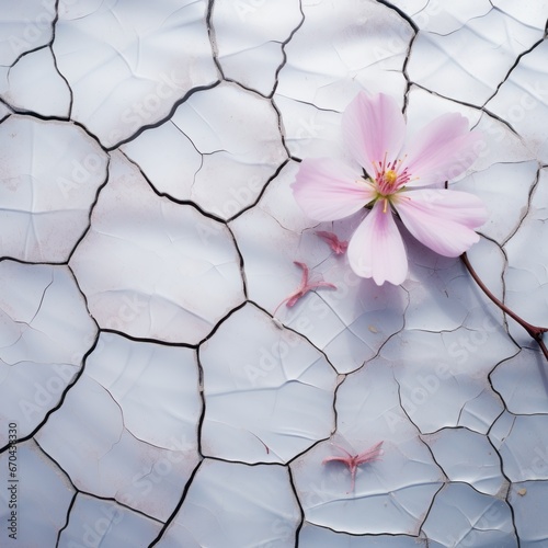 Cracked ground with pink flower in the middle. Abstract background.
