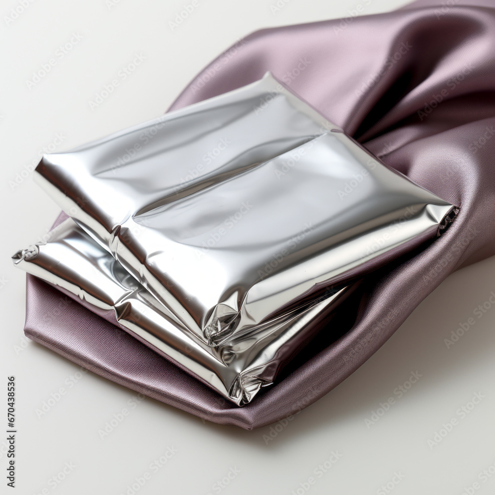 Empty metallic pouch mockup, packet, white background Empty metallic pouch mockup, packet, white background