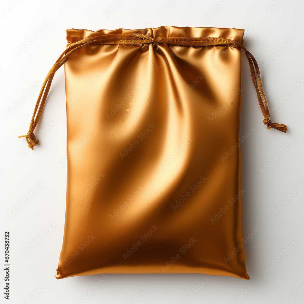 Empty gold metallic pouch mockup, packet, white background 