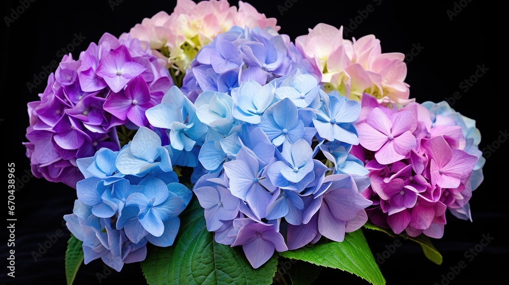 Blue Hydrangea (Hydrangea macrophylla) or Hortensia flower with dew in slight color variations ranging from blue to purple. Focus on middle right flowers. Shallow depth of field for soft dreamy feel