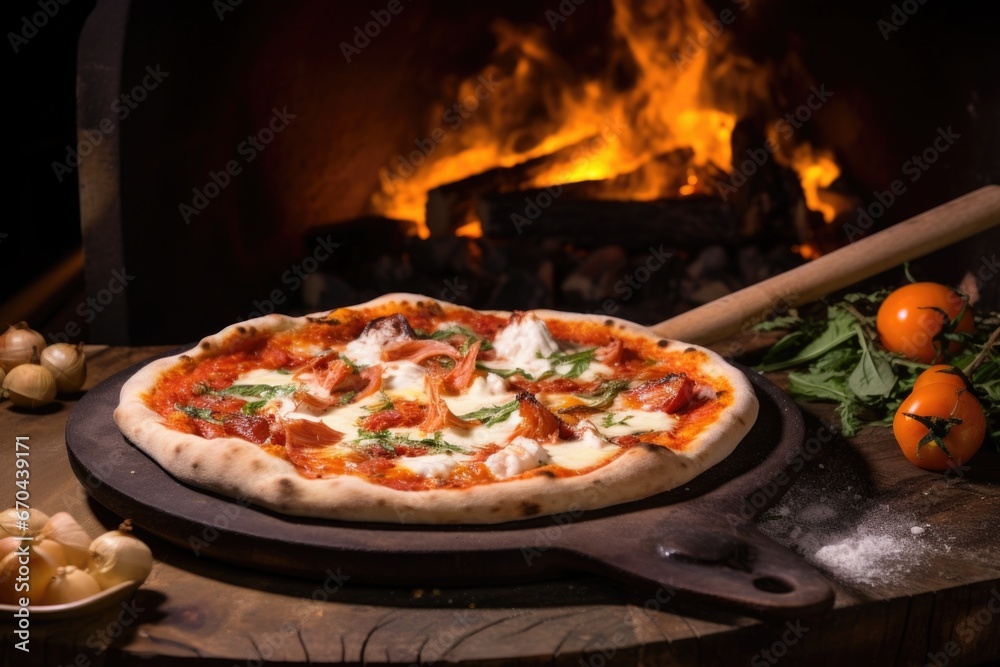 a clay oven with a pizza being introduced on a wooden paddle
