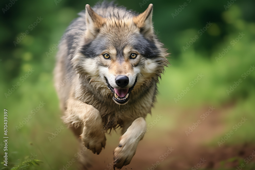 Fototapeta premium Wolf running at high speed hunting some wild animal. wild wolf, hunting animals