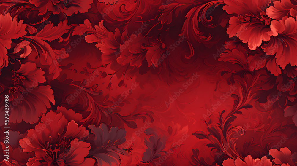 Seamless Victorian damask wallpaper in deep red - obrazy, fototapety, plakaty 