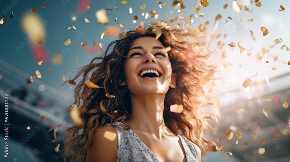 Portrait of a cheerful beautiful girl wearing dress standing standing under confetti rain and celebrating Portrait of a cheerful beautiful girl wearing dress standing standing under confetti rain and celebrating
