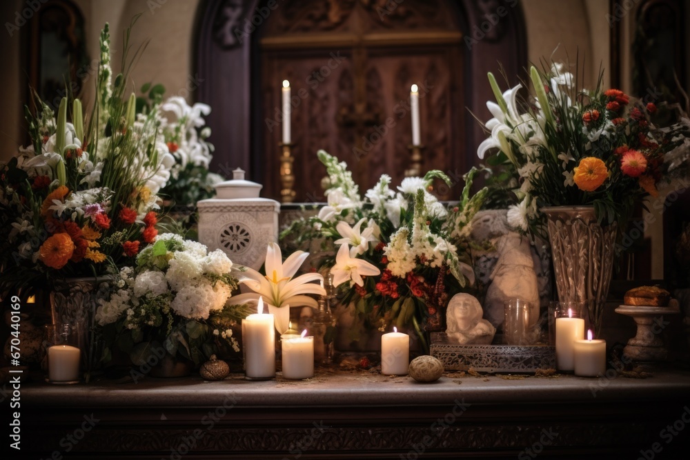 a beautifully decorated altar with flowers and lit candles