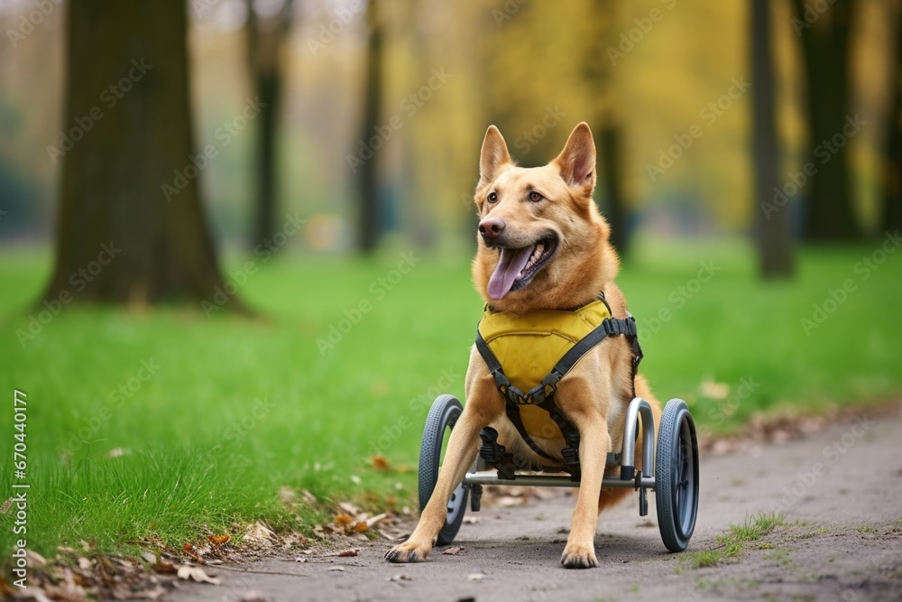 dog wheelchair outside on green grass